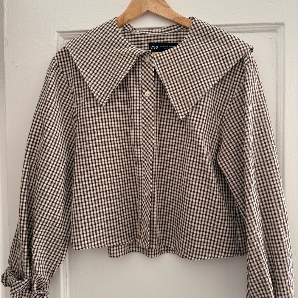 Zara Brown and White Checkered Women's Top